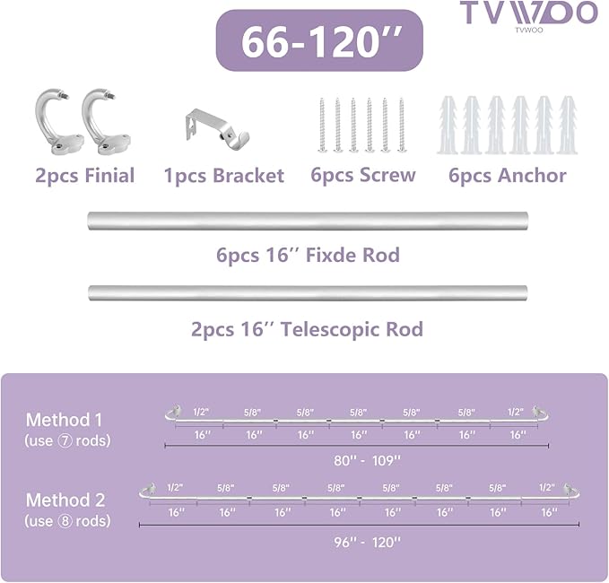 TVWOO Silver Wrap Around Curtain Rods:5/8In Blackout Adjustable Window Curtain Rod for Bedroom Kitchen Apartment Renter Friendly,Room Darkening Curved Drapery Rods Easy Install,Antique Silver 66-120"