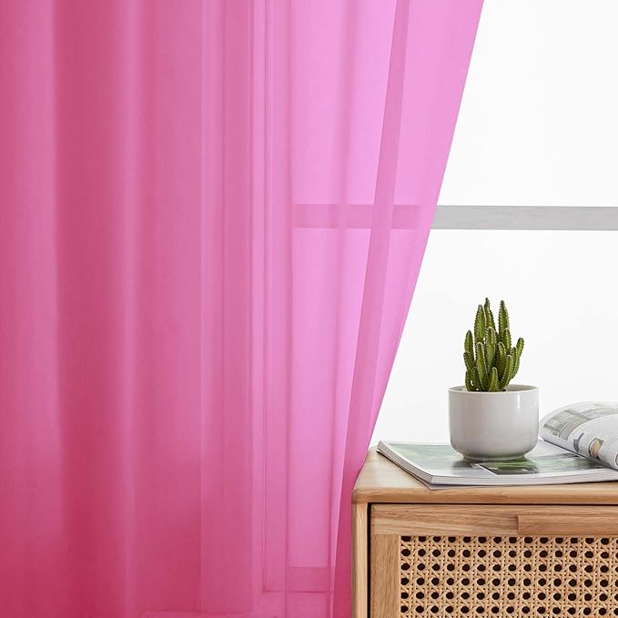 Extra Long Sheer Hot Pink Curtains for Bedroom Living Room 120 Inches Long 2 Panels Set, Solid Soft Light Filtering Rod Pocket Sheer Window Curtains, Hot Pink, Each 42" Wx120 L Inch