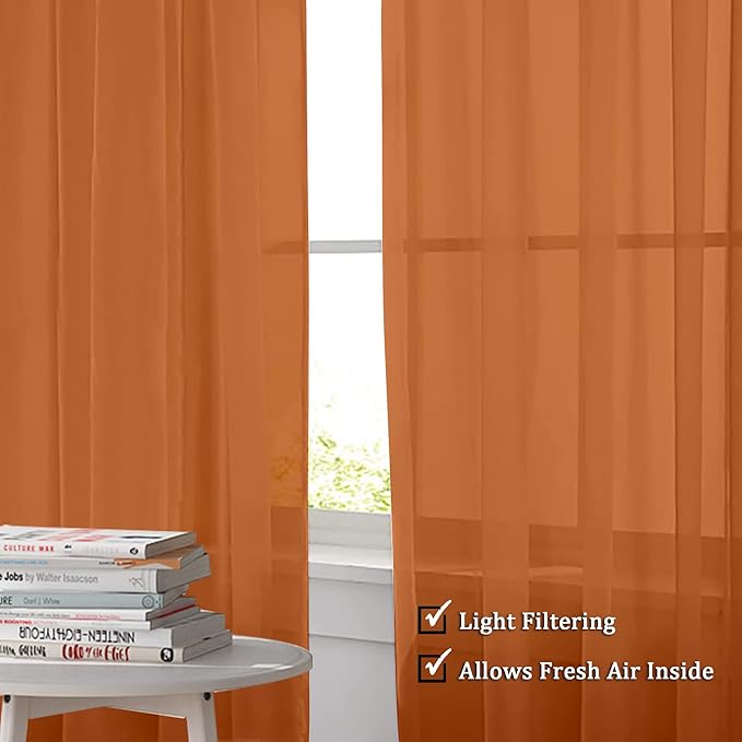 OWENIE Orange Sheer Curtains 96 Inch Length, Elegant Sheer Curtains for Bedroom, Window Voile Sheer Curtain Panels/Drapes/Treatment for Living Room, 2Pcs, Each 42" W x 96" L