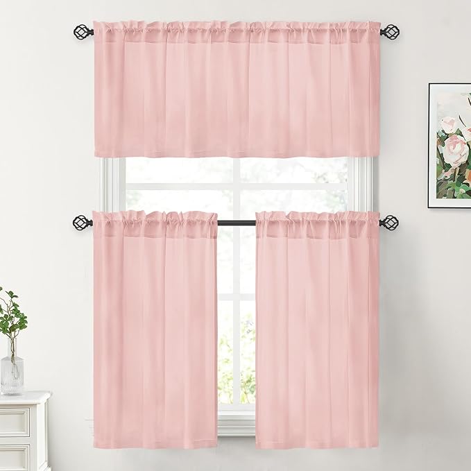 HOMEIDEAS Non-See-Through Blush Pink Privacy Sheer Kitchen Curtains, 30 X 36 Inches Long 2 Panels Short Sheer Curtains Light Filtering Bathroom Window Drapes for Bedroom Living Room