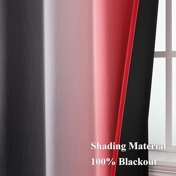 Estelar Textiler Black and Red Blackout Curtains, 100% Ombre Blackout Curtains for Bedroom, Full Light Blocking Thermal Insulated Gradient Grommet Drapes for Living Room, 42x84 Inch, 2 Panels