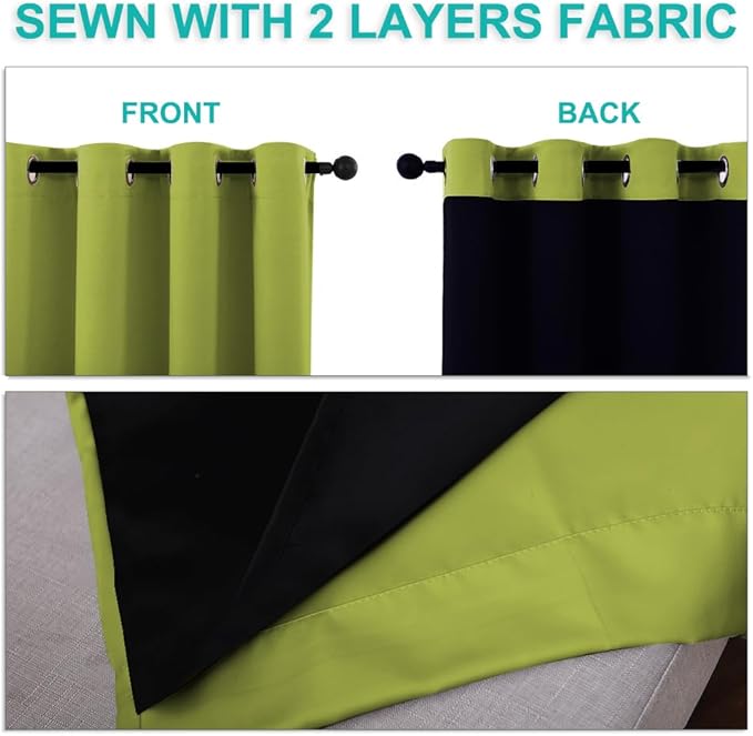 NICETOWN 100% Blackout Lined Curtains, Fresh Green, 1 Pair, 70" Width x 63" Length Each Panel, 2 Thick Layers Completely Blackout Window Treatment Thermal Insulated Drapes for Kitchen/Bedroom