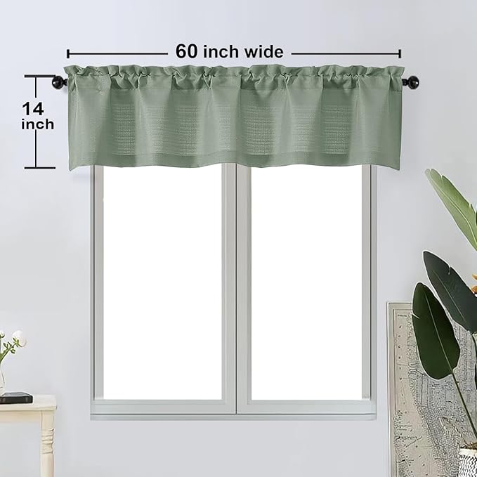 OWENIE Bob 1 PCS Green Valances for Windows, Faux Linen Textured Kitchen Window Curtains Valance for Bedroom Living Room, Modern Soft Airy Solid Rod Pocket Bathroom Cafe Curtain, 60Wx14L Inch