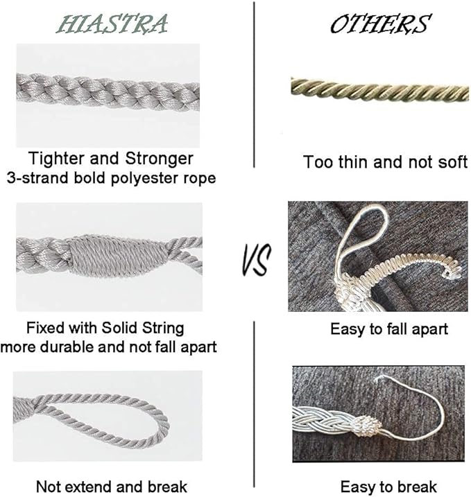 Curtain Tiebacks Ropes, 2pcs Decorative Handmade Tie Backs Curtain Holdbacks Holders Cord for Window Sheer Drapes Indoor Outdoor, Grey