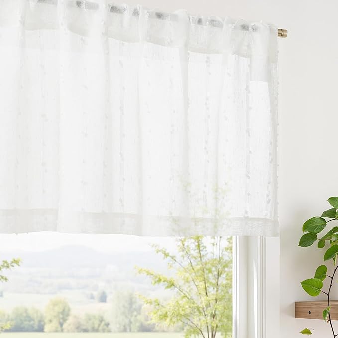 jinchan Valance Curtains for Windows 16 Inch Colorful Mini Pom-Pom Country Farmhouse Kitchen Valance Semi Sheer Voile Samll Window Treatment for Bedroom Living Room Rod Pocket 1 Panel Linen Whisper