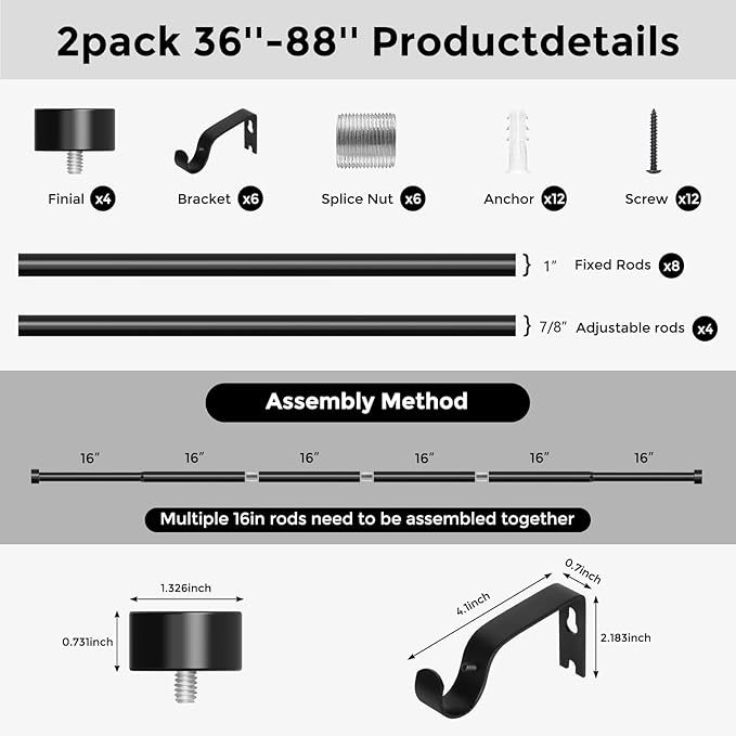 VOIIY 2 Pack Curtain Rods for Windows 48 to 84 Inch(4-7 Feet),Black 1'' Diameter Drapery Rods with End Cap Style Design,Modern Adjustable Heavy Duty Curtain Rod,Size:36''-88''
