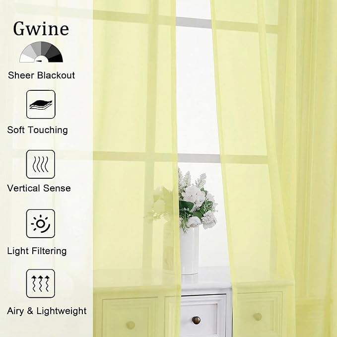Gwine Sheer Curtains for Bedroom 54 inches Long - Light Filtering Voile Window Curtain Panels, Airy Transparent Rod Pocket Sheer Drapes for Living Room, Each 42Wx54L, 2 Panels, Lemon