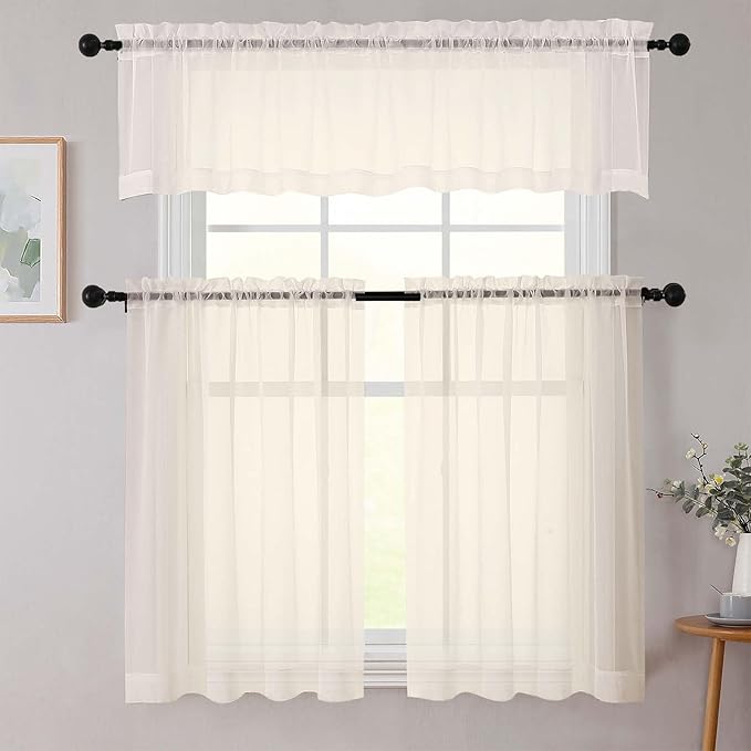 Kitchen Curtains 24 Inch Length Tier 2 Pieces, Cream Sheer Curtain Solid Soft Sheer Short Curtains for Windows, Cafe Bathroom Basement Rod Pocket Drapes, Cream, Each 42" Wx24 L Inches