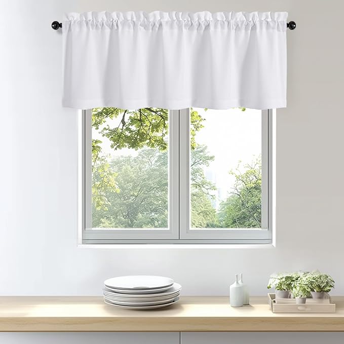 OWENIE Bob 1 PCS White Valances for Windows, Faux Linen Textured Kitchen Window Curtains Valance for Bedroom Living Room, Modern Soft Airy Solid Rod Pocket Bathroom Cafe Curtain, 60Wx22L Inch