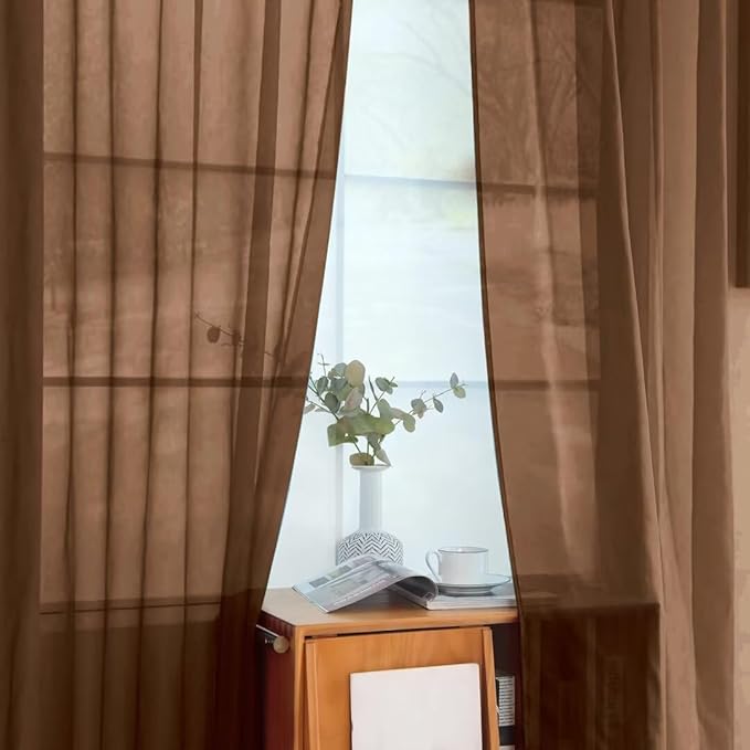 youleyar Solid Sheer Rod Pocket Curtain Voile Draperies 2 Panels White Beige Black Grey Coffee 52 Inch Width 108 Inch Long 1 Pair for Kitchen Bedroom Children Living Room Yard (Brown,52Wｘ108L)