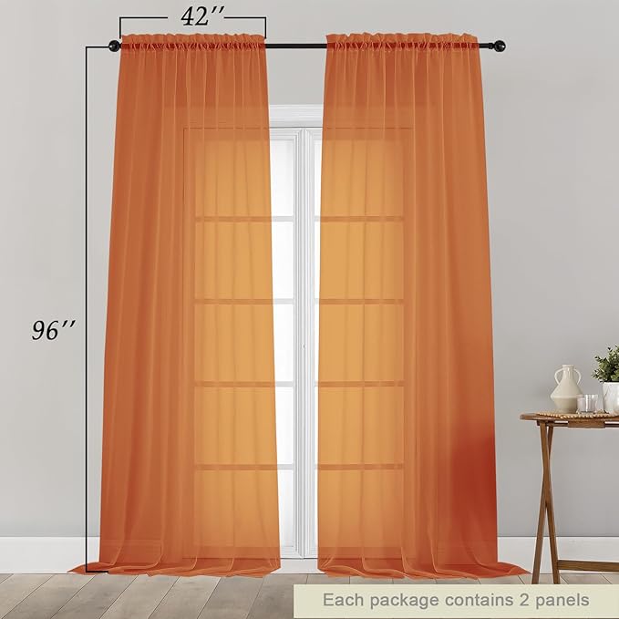 Orange Sheer Curtains for Bedroom Living Room 96 Inches Long 2 Panels, Modern Airy Soft Lightweight Rod Pocket Light Filtering Sheer Curtains Drapes, Orange, Each 42" Wx96 L Inch