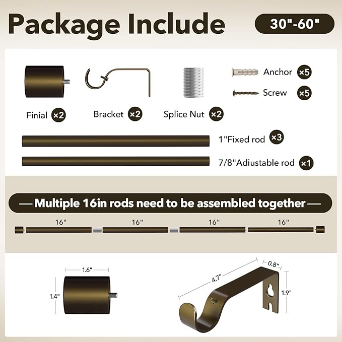 IFELS Heavy Duty Curtain Rods for Windows 28 to 48 Inch, 1 Inch Bronze Curtain Rods for Outdoor, Farmhouse, Bedroom, Kitchen, Living Room, Adjustable Easy Install Drapery Rod (A2,Bronze,30"-60")