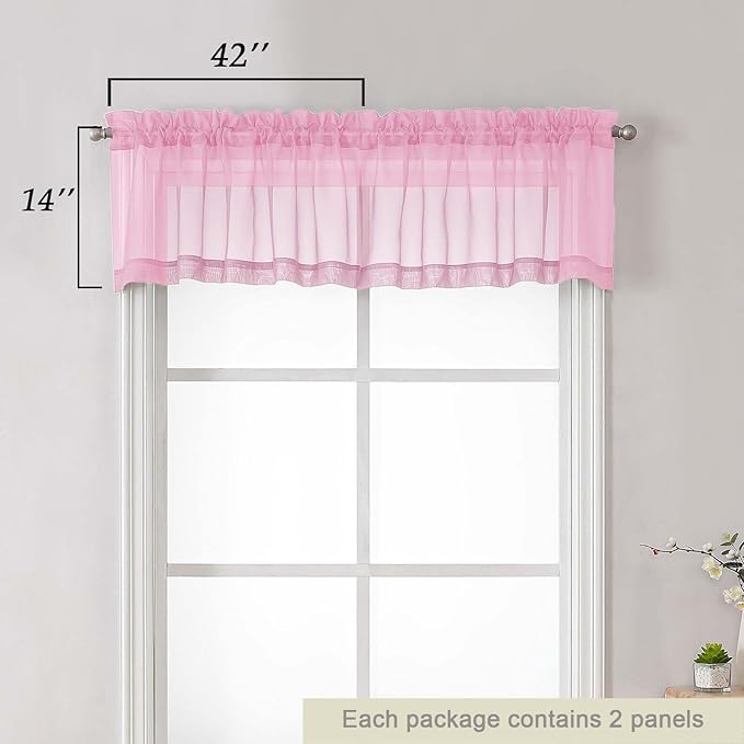 Pink Valances for Windows, Pink Sheer Curtains 14 Inch Length 2 Pack Kitchen Curtain, Modern Solid Mini Small Window Curtains for Cafe Bathroom Basement, Pink, Each 42" Wx14 L Inches