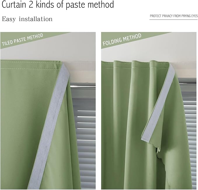 Magic Tape Blackout Curtains for Bedroom No Drillng Self Adhesive Curtains No Rod Small Window, 47" W X 96" L, Sage Green, 1 Panel