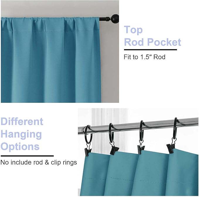 Simplebrand Ava Turquoise Blackout Curtains for Bedroom 63 Inch Length 2 Panels Set, Solid Thermal Insulated Energy Saving Rod Pocket Window Treatment Curtains Blackout Drapes, W40 x L63 Inch, Tur