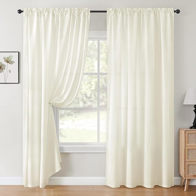 HOMEIDEAS Non-See-Through Cream Yellow Privacy Sheer Curtains, 52 X 96 Inches Long 2 Panels Light Yellow Sheer Curtains Light Filtering Window Drapes for Bedroom Living Room