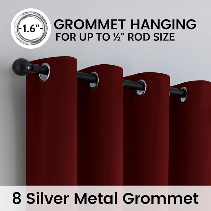 SimpleHome 100% Blackout Curtains for Bedroom,Thermal Insulated Burgundy Red Grommet Window Drapes Room Darkening Curtains for Living Room with Black Back,52 x 63 Inch,2 Panels