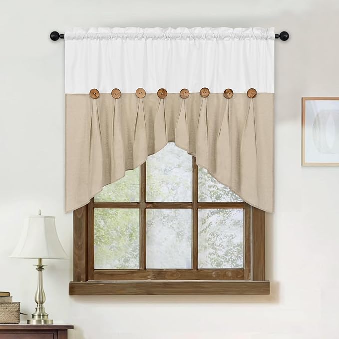 FRAMICS Farmhouse Swag Curtain, Boho Cotton Linen Valance Curtain, Rustic Button Window Valance for Kitchen, Country Rod Pocket Valances for Windows Bathroom Bedroom, White and Linen, 52 x 36 Inch
