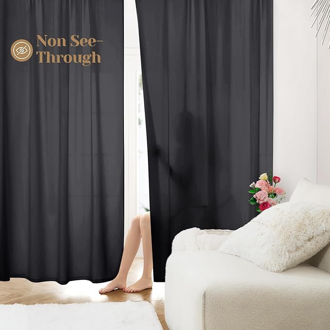 HOMEIDEAS Halloween Non-See-Through Black Privacy Sheer Curtains, 52 X 45 Inches Long 2 Panels Sheer Curtains Light Filtering Window Drapes for Bedroom Living Room