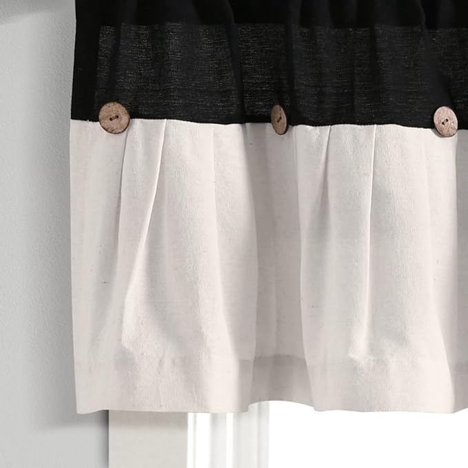 Lush Decor Linen Button Farmhouse Valance Curtians 52"W x 18"L Black & White - Linen Valances For Windows - Kitchen Curtains Valances