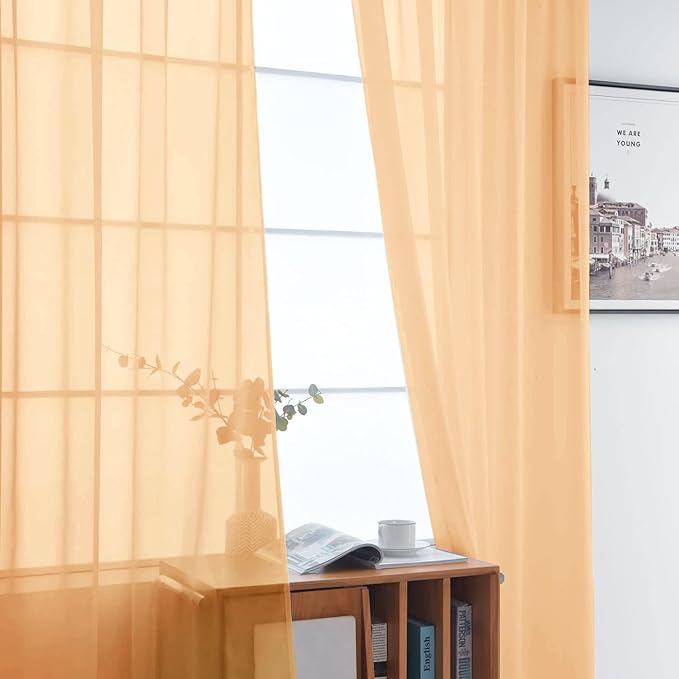 SpaceDresser Sheer Voile Window Treatment Rod Pocket Curtain Panels for Kitchen Bedroom Living Room Drapes Sunlight Filtering Privacy Semi Home Decor Assorted (Beige, 52 W x 84 L)