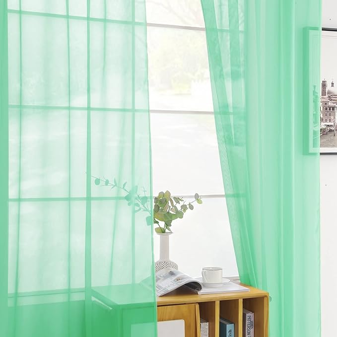 youleyar Solid Sheer Rod Pocket Curtain Voile Draperies 2 Panels White Beige Black Grey Coffee 52 Inch Width 96 Inch Long 1 Pair for Kitchen Bedroom Children Living Room Yard (Light Green,52Wｘ96L)