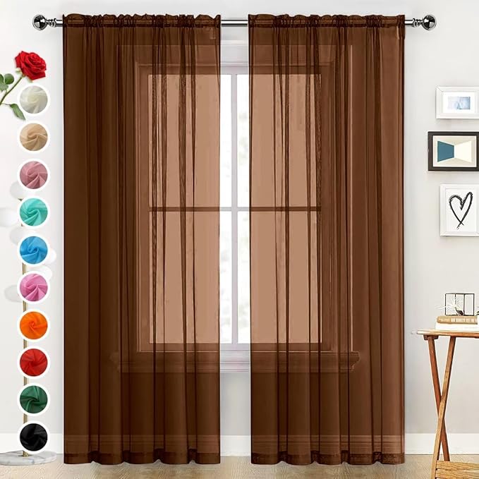 SpaceDresser Sheer Voile Window Treatment Rod Pocket Curtain Panels for Kitchen Bedroom Living Room Drapes Sunlight Filtering Privacy Semi Home Decor Assorted (Brown, 52 W x 84 L)