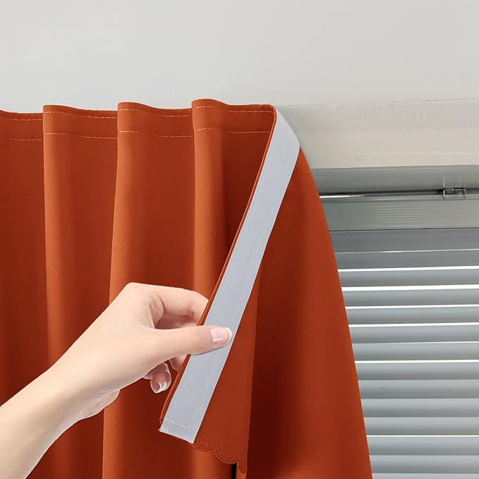 Self Adhesive Curtains Portable Blackout Curtain Simple and Easy to Install Bedroom Window Thermal Lnsulated Kitchen Room Darkening Black Small Drapes, 59" W X 96" L, Orange, 1 Panel