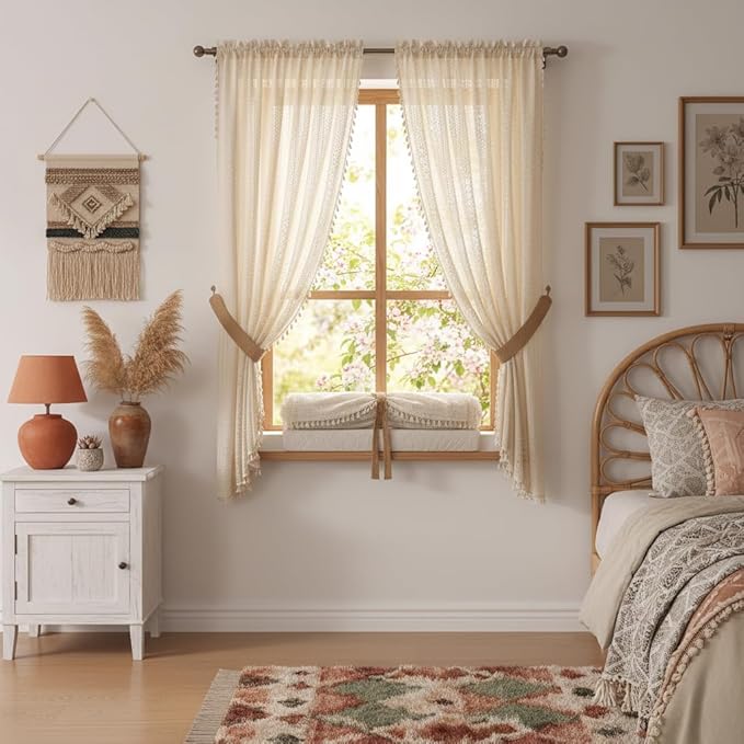 WAZZIO Boho Lace Curtains 63 Inches 2 Panel,Light Filtering Privacy Tassel & Geometry Crochet Semi Sheer Curtain Drapes for Bedroom Living Dining Room,Rod Pocket & Tassel,Vintage French Country,Beige