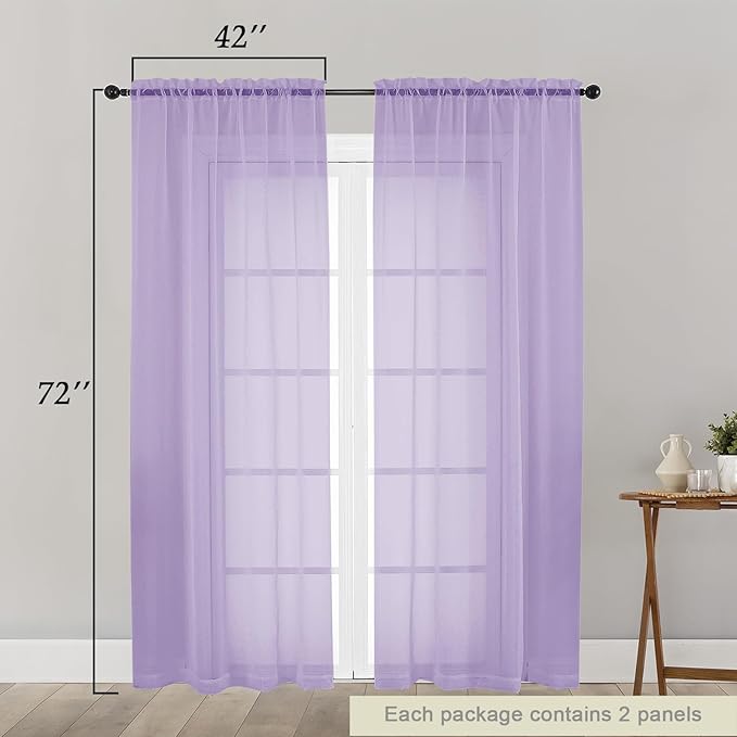 Lavender Sheer Curtain for Bedroom Living Room 72 Inches Long 2 Panels Set, Solid Soft Airy Light Filtering Sheer Window Curtains, Modern Rod Pocket Door Curtain, Lavender, 42"Wx72"L Inches
