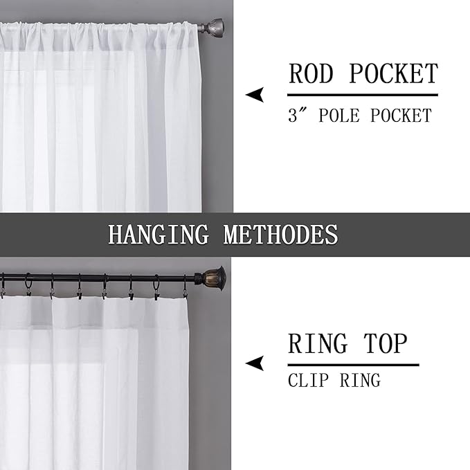 Tollpiz Short Sheer Curtains Living Room Linen Textured Curtain Sheers Light Filtering Voile Rod Pocket Curtains for Bedroom, 38 x 45 inches Long, White, Set of 2 Panels