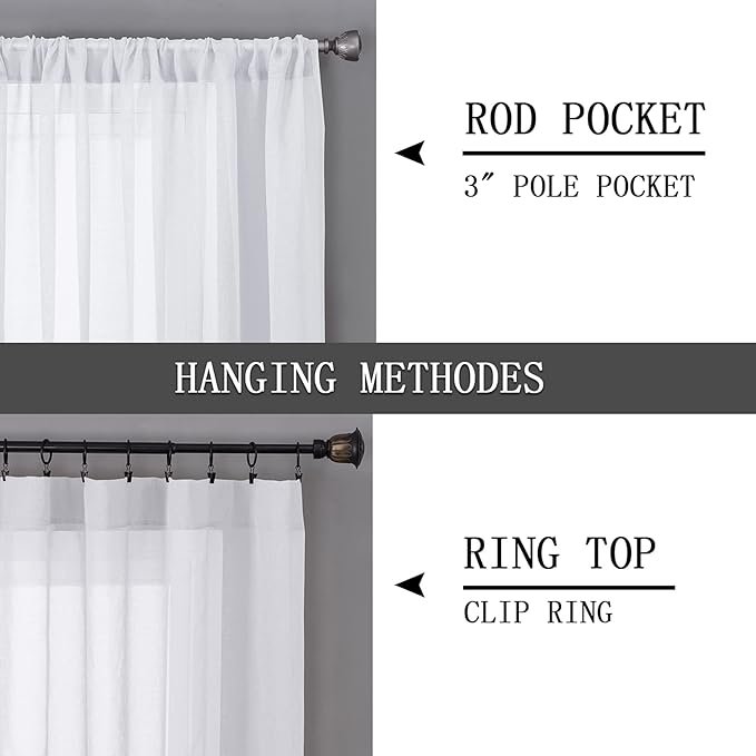 Tollpiz Short Sheer Curtain Linen Textured Living Room Curtains Sheer Light Filtering Rod Pocket Voile Curtain for Bedroom, 42 x 54 inches Long, White, Set of 2 Panels