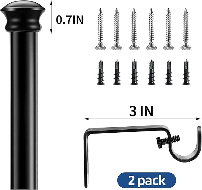 Curtain Rods 2 Pack 5/8 inch Black Curtain Rods for Windows 30 to 88 Inch with Brackets Easy to Install for Bedroom Living room Kitchen