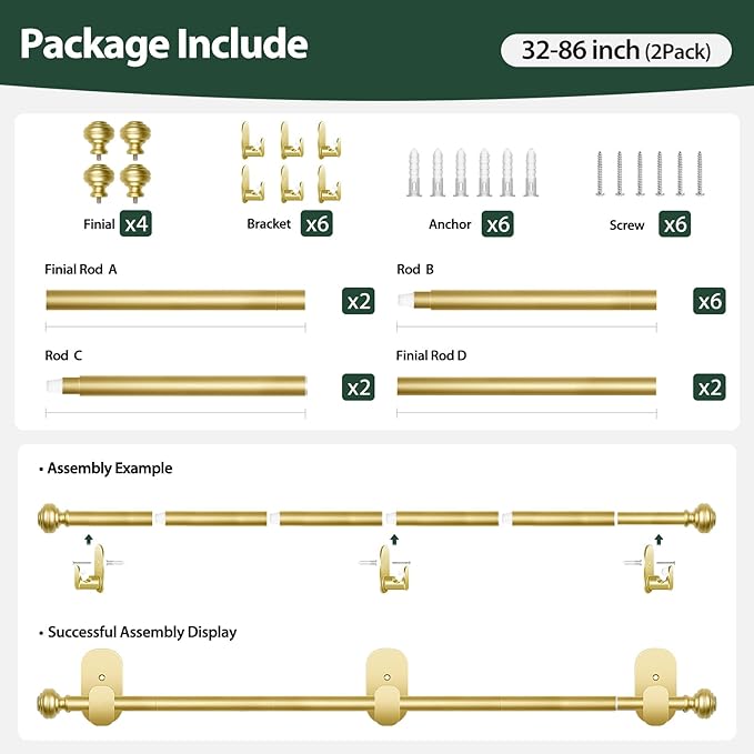 KAMANINA 2 Pack Curtain Rods No Drilling for Windows 32 to 86 Inches, 5/8 Inch Diameter Adjustable Single Curtain Poles with Adhesive Brackets, Gold