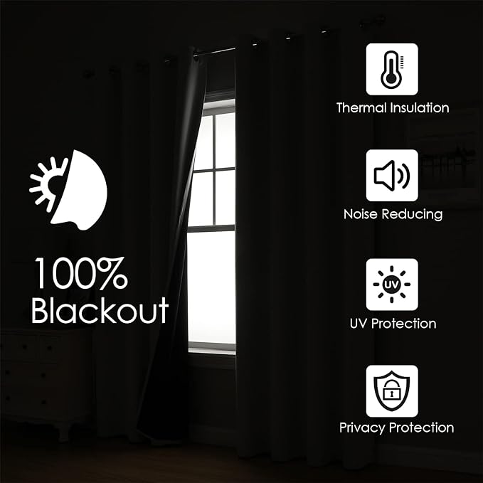 ChrisDowa 100% Blackout Curtains for Bedroom with Black Liner, 2 Thick Layers Total Blackout Thermal Insulated Grommet Window Curtains 2 Panels Set (Stone Blue, 42 x 63 Inch)