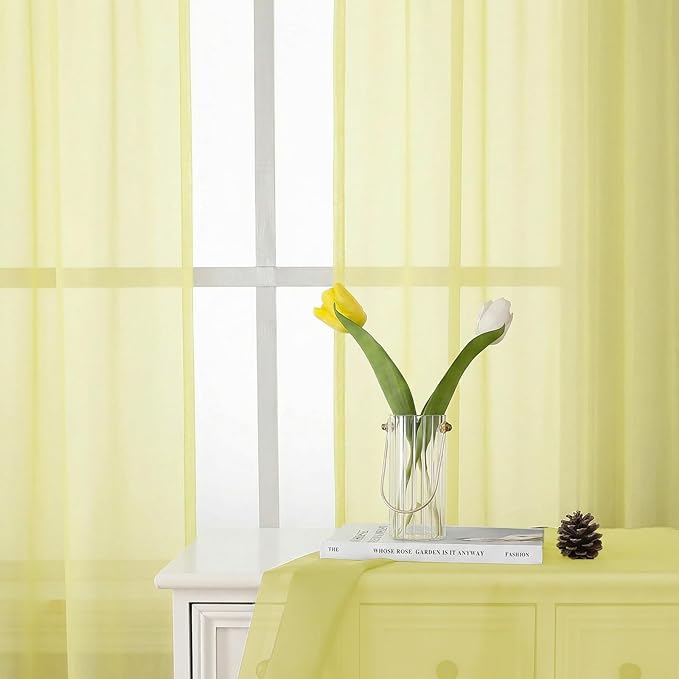 Lecloud Goose Yellow Sheer Curtains 72 Inches Long 2 Panels, Rod Pocket Light Filtering Curtains for Living Room Bedroom Dining Room, Voile Farmhouse Drapes for Windows, Each Panel 42" W x 72" L