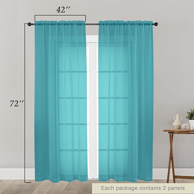 Turquoise Sheer Curtain for Bedroom Living Room 72 Inches Long 2 Panels Set, Solid Soft Airy Light Filtering Sheer Window Curtains, Modern Rod Pocket Door Curtain, 42" Wx72 L Inches
