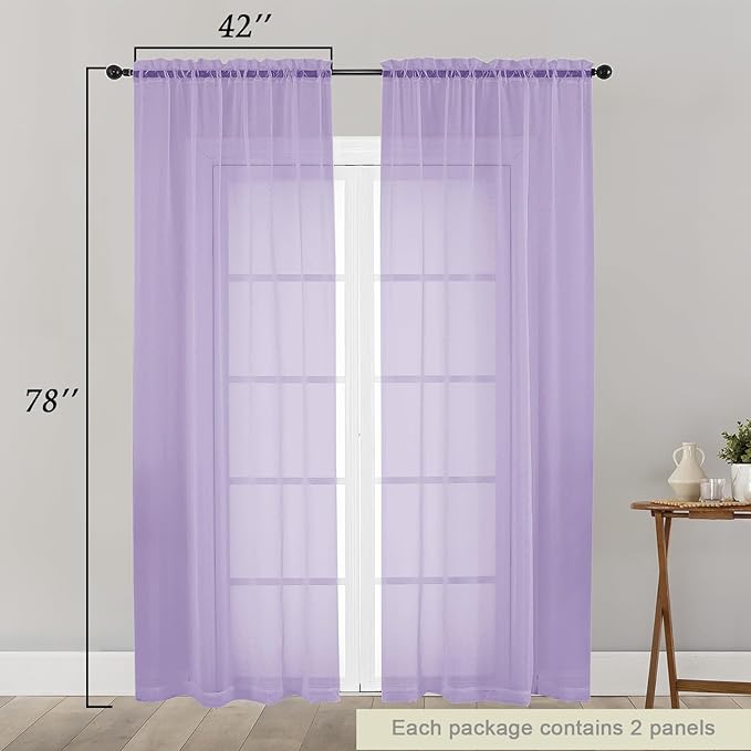 Lavender Sheer Curtain for Bedroom Living Room 78 Inches Long 2 Panels Set, Solid Soft Airy Light Filtering Sheer Window Curtains, Modern Rod Pocket Door Curtain, Lavender, 42" Wx78 L Inches
