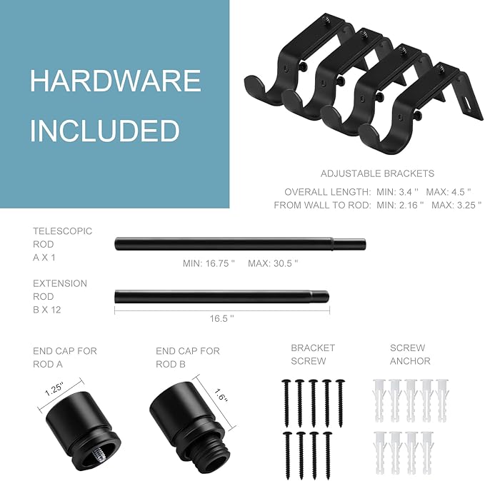 Byondeth Curtain Rods for Windows 16 to 200 Inches Adjustable Length 1 Inch Diameter Window Curtain Rod with Aluminium Finials, Black