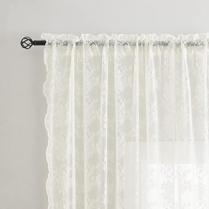 YJ YANJUN Vintage Lace Curtains Cottage Floral Cream Sheer 94 inch Curtains 2 Panels Set for Living Room Bedroom Light Filtering Floor to Ceiling Drapes Country Farmhouse Decor 52" W x 94" Ivory