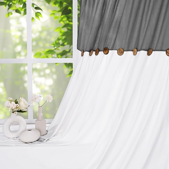 FRAMICS Farmhouse Cotton Linen Curtains for Living Room, Boho Button Curtains 84 Inch Length 2 Panels Set, Grey Rustic Country Linen Window Curtain for Bedroom Rod Pocket Drapes, 52 x 84 Inch, Grey