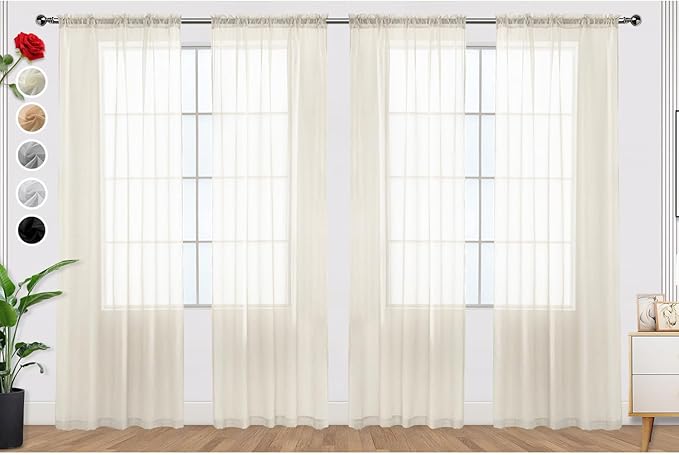 SpaceDresser Ivory Sheer Curtains 4 Panels Rod Pocket Semi-Sheer Curtain 84 Inches Long Light Filtering Voile Window Drapes for Bedroom Living Room Kitchen, Each 52W x 84L