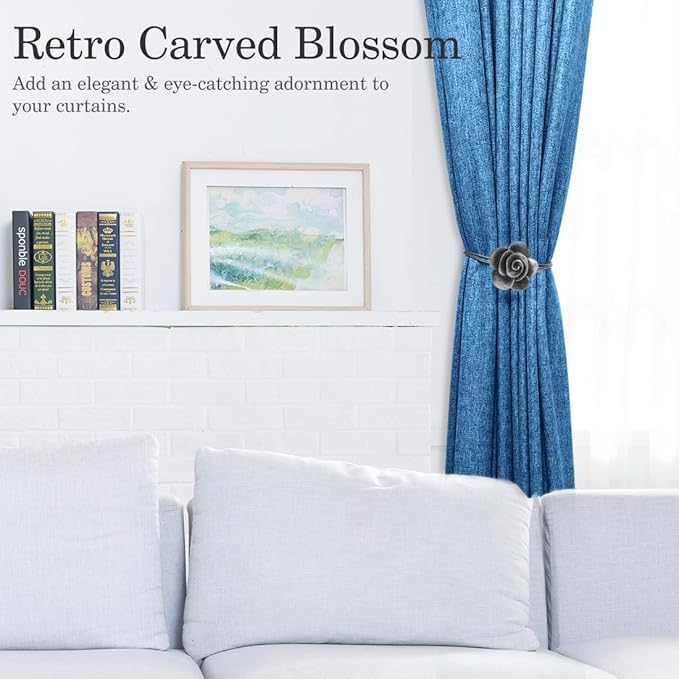 Lewondr Drapery Holders, Vintage Resin Flower Curtain Ties with Rope Curtain Holdbacks Window Curtain Decorative for Outdoor, Home Office, and Cafe Balcony - Ink