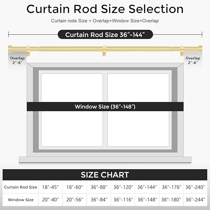 VOIIY Gold Curtain Rods for Windows 72 to 144 Inch(6-12 Feet),1" Diameter Rods with Modern Style End Cap Finials,Size:36-144 Inch