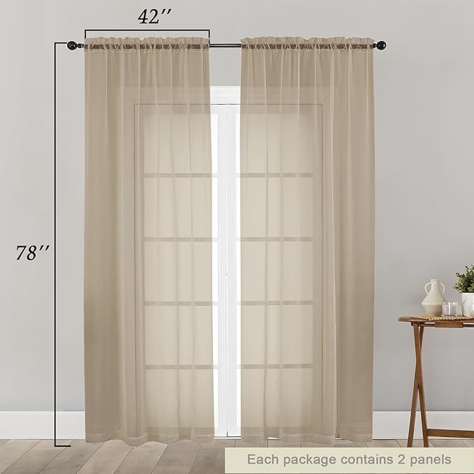 Taupe Sheer Curtain for Bedroom Living Room 78 Inches Long 2 Panels Set, Solid Soft Airy Light Filtering Sheer Window Curtains, Modern Rod Pocket Door Curtain, Taupe, 42" Wx78 L Inches