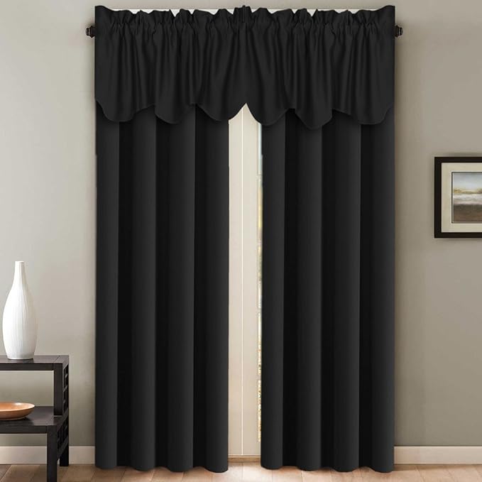 H.VERSAILTEX 4 Panels Blackout Curtain Valances for Kitchen Windows/Living Room/Bathroom Privacy Protection Rod Pocket Decoration Scalloped Window Valance Curtains, 52" W x 18" L, Black