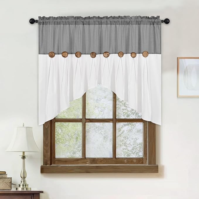 FRAMICS Farmhouse Swag Curtain, Boho Cotton Linen Valance Curtain, Grey Rustic Button Window Valance for Kitchen Bathroom Bedroom, Country Rod Pocket Valances for Windows, Grey, 52 x 36 Inch