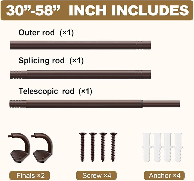 GXOACKJ Brown Curtain Rods for Windows 28 to 60 inch, 5/8 inch Adjustable Wrap Around Blackout Curtain Rods for Bedroom & Outdoor