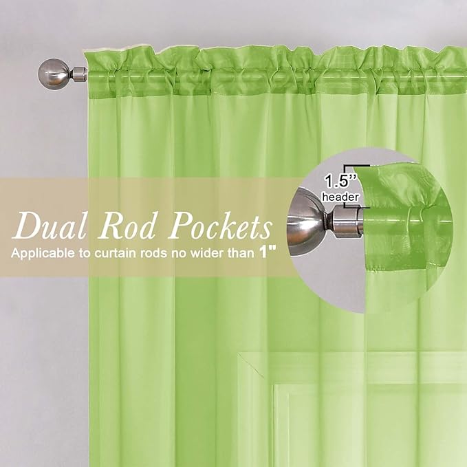 Lecloud Lime Sheer Curtains 72 Inches Long 2 Panels, Solid Voile Light Filtering Dual Rod Pockets Living Room Curtains, Rod Pockets Bedroom Decor Transparent Airy Drapes, Each Panel 42" W x 72" L