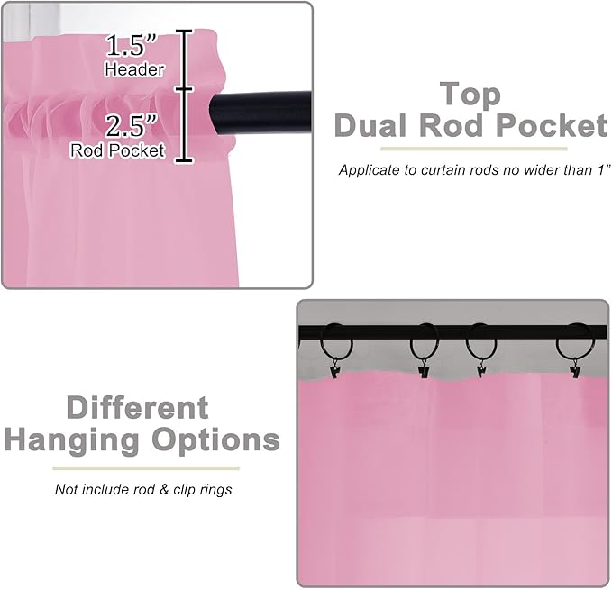 Kitchen Curtains 24 Inch Length Tier 2 Pieces, Pink Sheer Curtain Solid Soft Sheer Short Curtains for Windows, Cafe Bathroom Basement Rod Pocket Drapes, Pink, Each 42" Wx24 L Inches